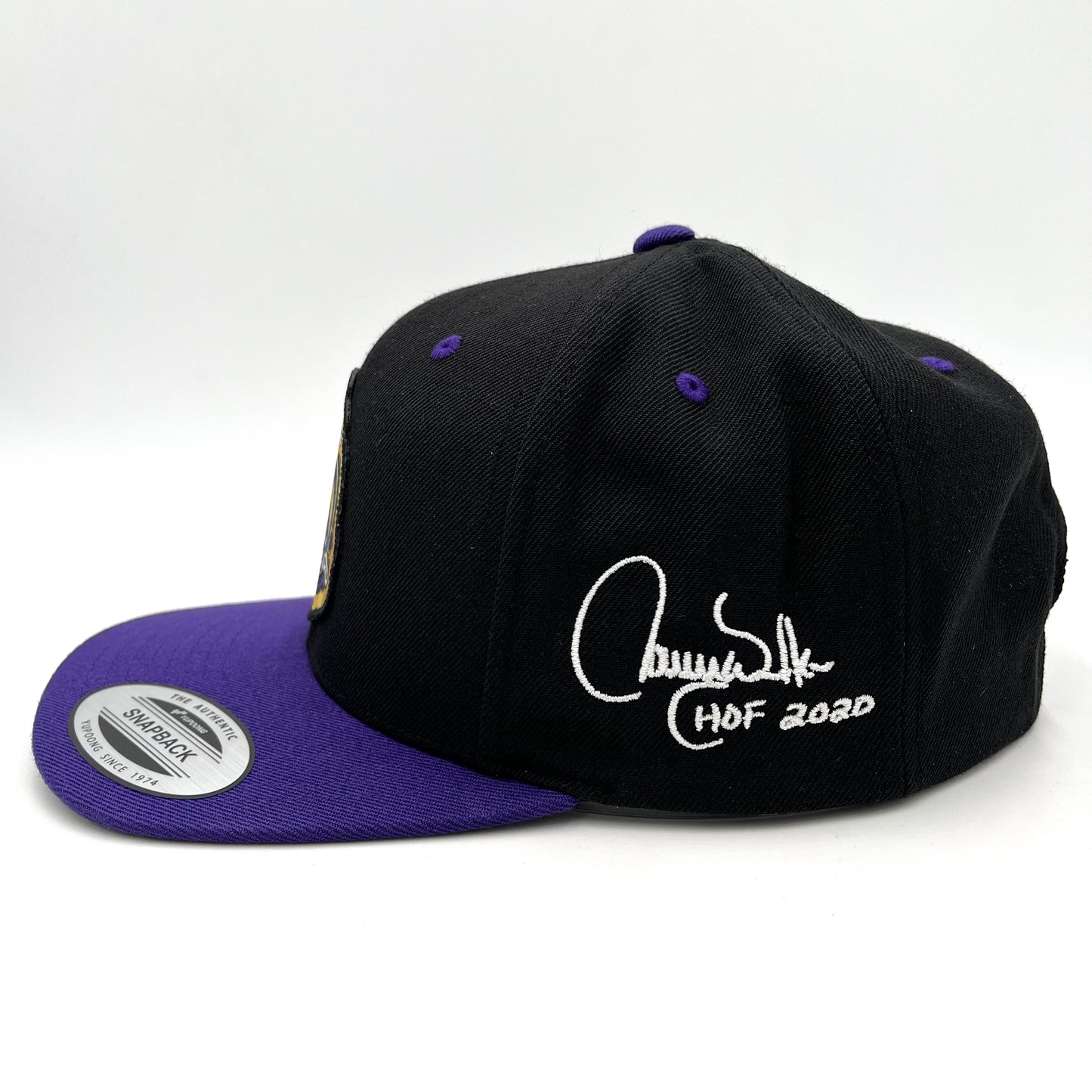 LARRY WALKER CIGAR LOGO FLAT BILL SNAPBACK (BLACK/PURPLE)